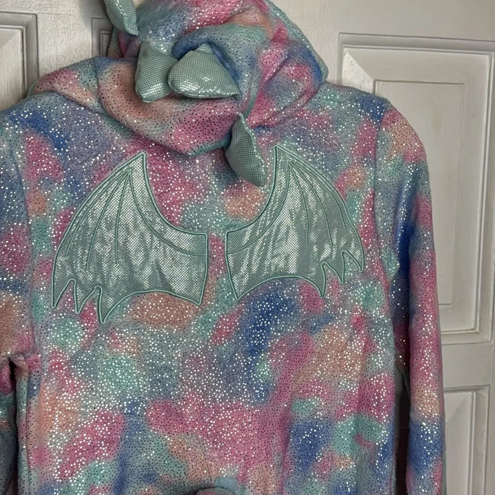 Justice Girls Tie Dye Sparkly Dragon Hooded Pajamas With Removable Tail 8